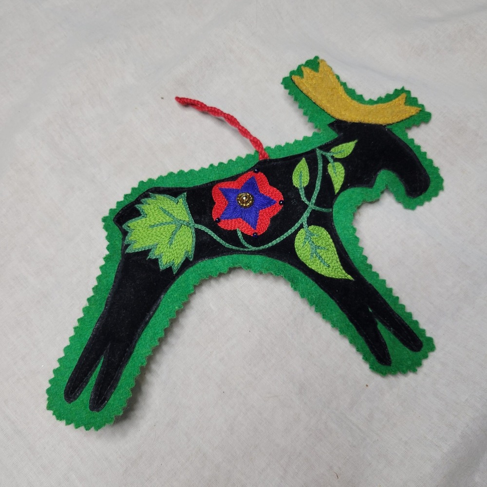 Handmade Felt Moose Ornament Embroidered Floral Beaded Christmas Decor 7.5 Inch